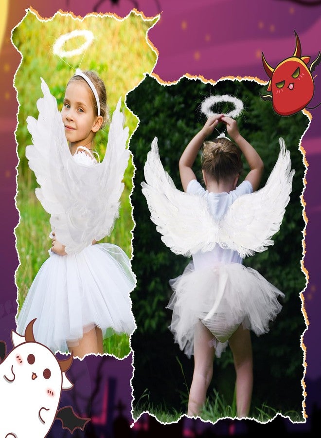 Tisancy 6 Pcs Halloween Angel Costume Set Feather Wings Wreath Headband Set 3 Layered Tulle Tutu Skirt Black and White Angel Costume for Girls Kids Halloween Xmas Cosplay Party Accessory - Image 4